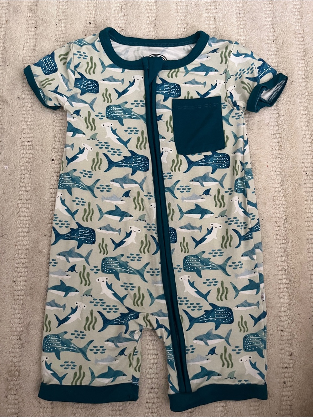 Emerson Short-Sleeve Shark & Sea Life One-Piece Romper - Teal Accent